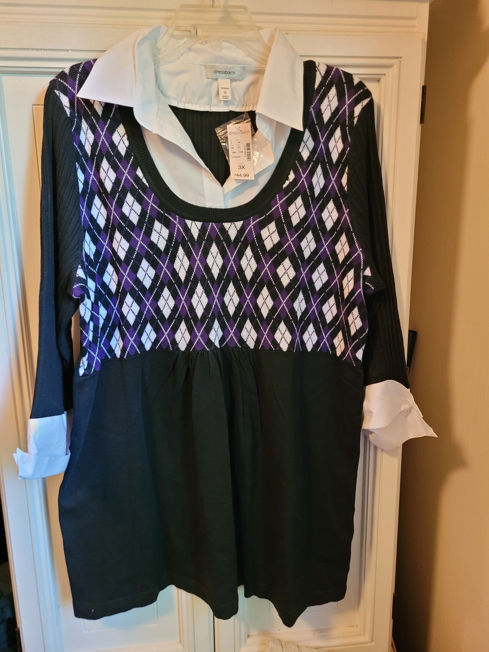 Dressbarn Black Layered Look Sweater with Purple Argyle